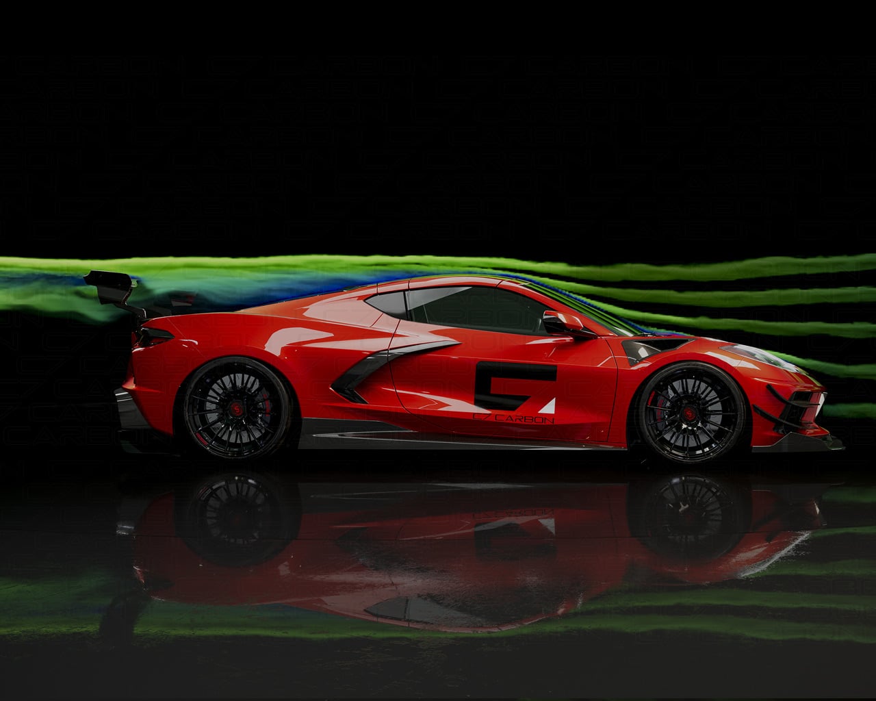 Chevrolet Corvette C8 Carbon Fiber Aerodynamic Testing with airflow simulation for enhanced performance and efficiency.