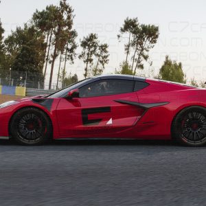 Side view of Corvette C8 Z06 ERAY ZR1 with aerodynamic fender vents on race track