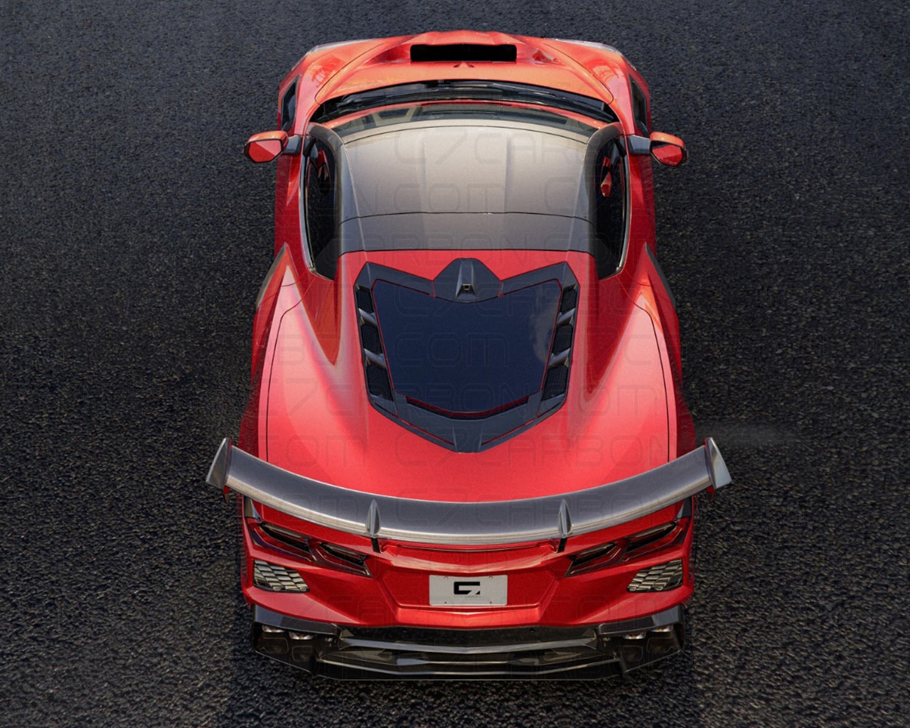 Top-down view of a red Chevrolet Corvette C8 ZR1 Stingray, highlighting the black carbon fiber hood and rear spoiler