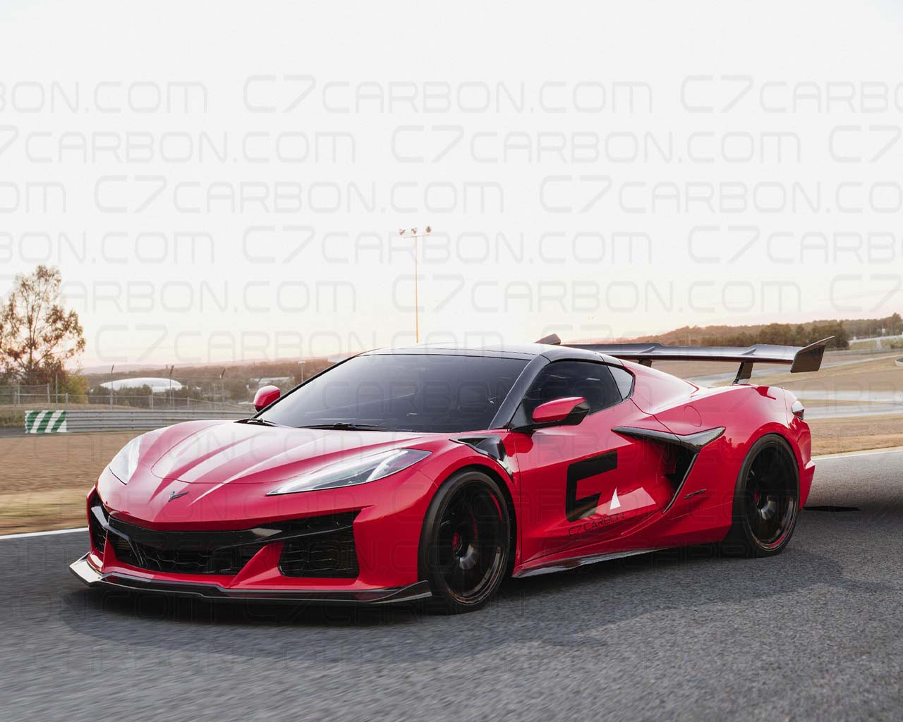 Corvette C8 Z06 ERAY Stage 2 Front Splitter Lip without Canard Slots - angled view on track